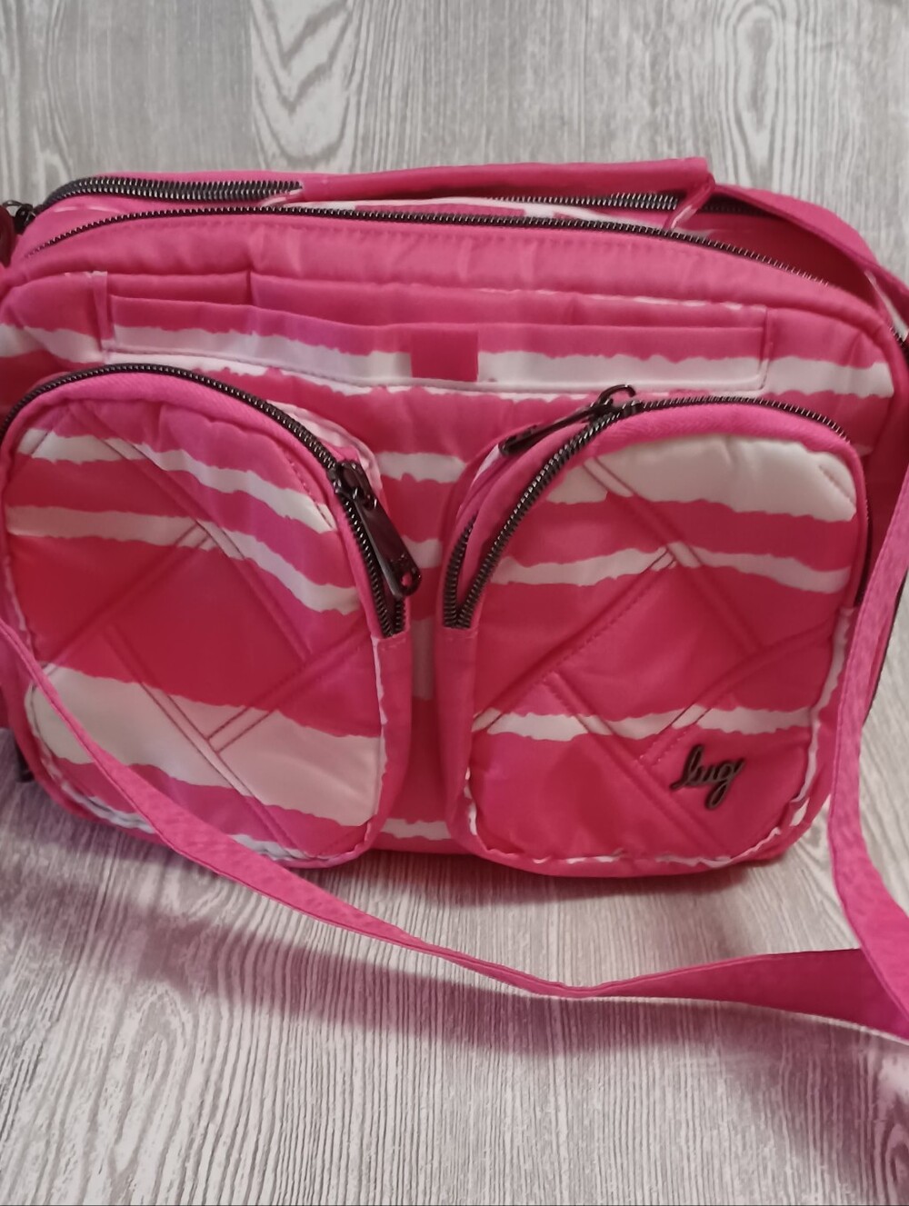 lug Pink and White Quilted Crossbody Bag with Dual Front Pockets